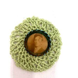 Victorian Vintage Photo Pin Antique Displayed on Crocheted Miniature Doily Man